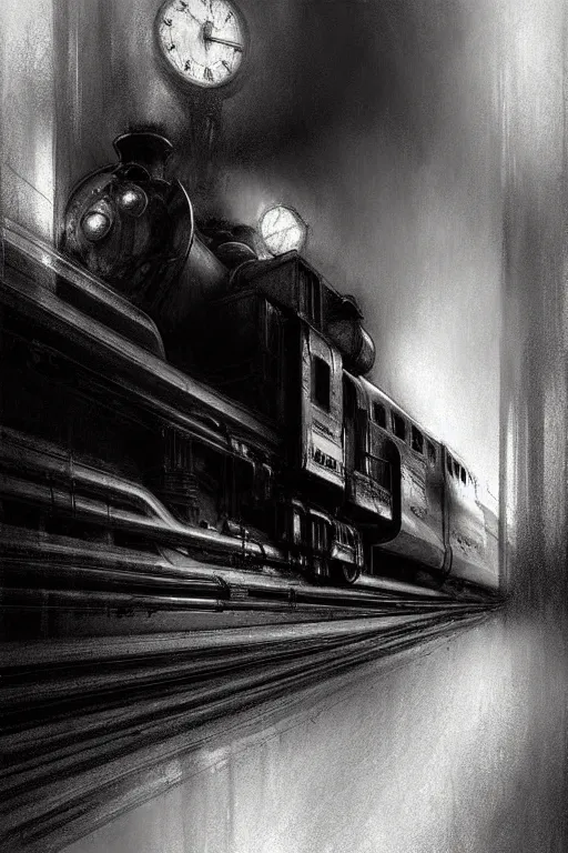 Prompt: hyperrealist pencil sketch of a train by jeremy mann and alphonse mucha, fantasy art, drawing, dynamic lighting, artstation, poster, volumetric lighting, very detailed faces, 4 k, award winning