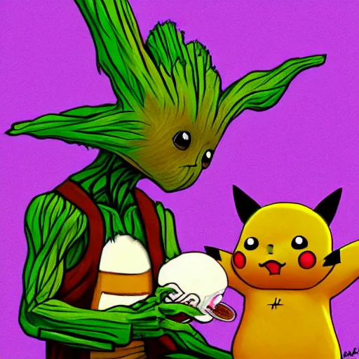 Image similar to Groot and baby Yoda eating an ice cream. In the back we see Pikachu, very detailed and beautiful lighting !highly detalied, 8k, artstation, by Rolf Armstron