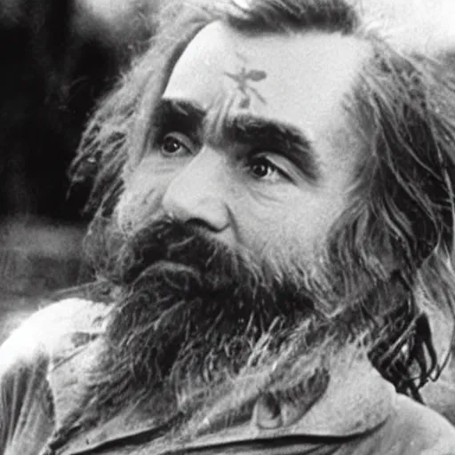 Prompt: charles manson with a baby body riding a flying fish