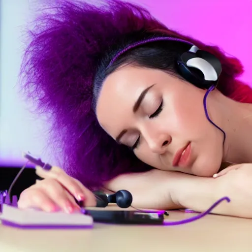 Image similar to beautiful purple - haired female sleeping at desk on computer, wearing headphones, by beeple in hyper realistic action still