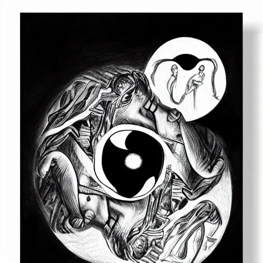 Prompt: a drawing of a pregnant cyborg giving birth to emerging yin - yang daoist symbol emerging from womb, black and white detailed pencil drawing dao