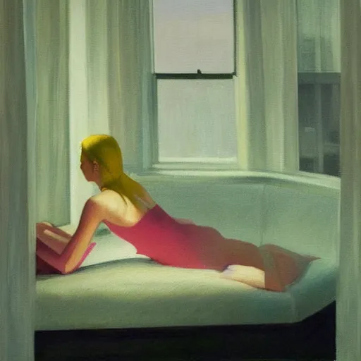 Image similar to painting of Elle Fanning in a dark hotel room with the lights off, neon lighting from outside shining in, by Edward Hopper