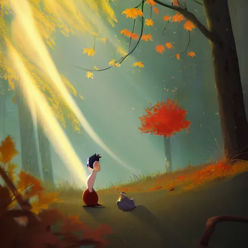 Prompt: goro fujita ilustration i am lying in the forest and i observe a bunch of tall autumn trees and in the center a large bird with its wings open with beautiful feathers that let through some light rays, painting by goro fujita, sharp focus, highly detailed, artstation