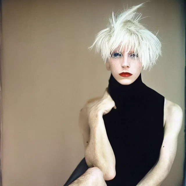 Image similar to a color photograph of a non binary model, platinum blonde, by nan goldin, intense, bold, hyperrealistic, ultra sharp, extra details, ultra high quality, trending on pinteresst