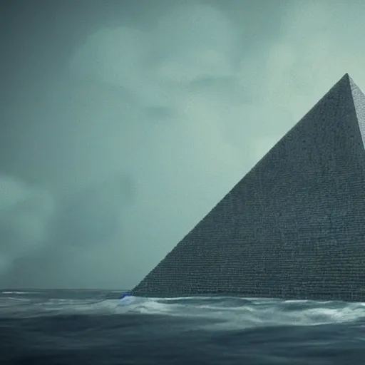 Image similar to brutalist pyramid fortress in the ocean, storm, highly realistic, octane render, ominous vibe, highly detailed, dark