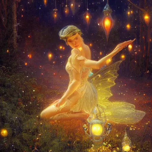 Prompt: attractive, fairy, woman, in the night, fantasy, crescent moon in background, luminous, toadstools, fireflies, fantasy, mist, highly detailed painting by gaston bussiere, craig mullins, j. c. leyendecker, mid shot, 8 k realistic, sharp focus