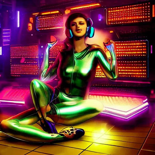 Image similar to beautiful cybergirl with the headset in the metallic costume sitting on the floor near a white cat in the neon room, blade runner movie, digital art, highly detailed