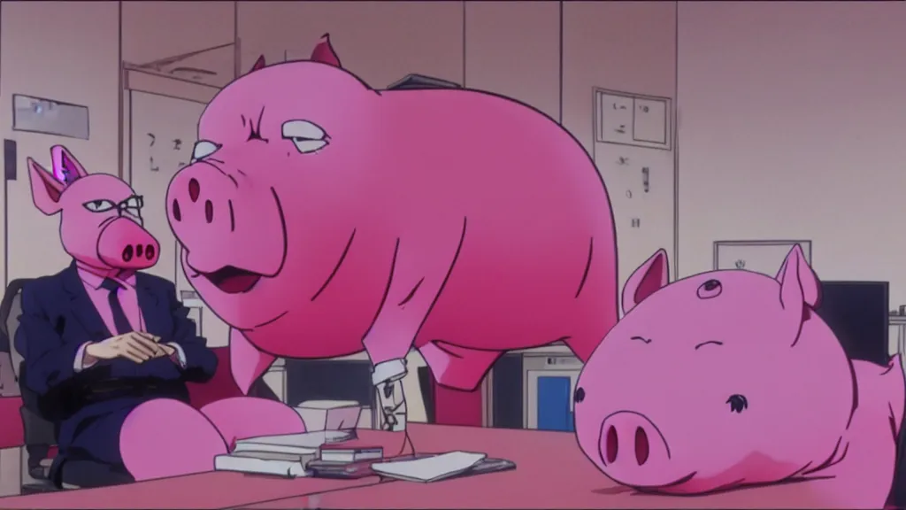 Image similar to a man wearing a pink suit and a pink pig mask sitting in an office, anime film still from the an anime directed by Katsuhiro Otomo with art direction by Salvador Dalí, wide lens