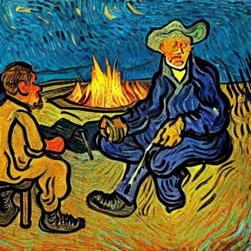 Image similar to painting of a man in hell making smores, by van gogh.