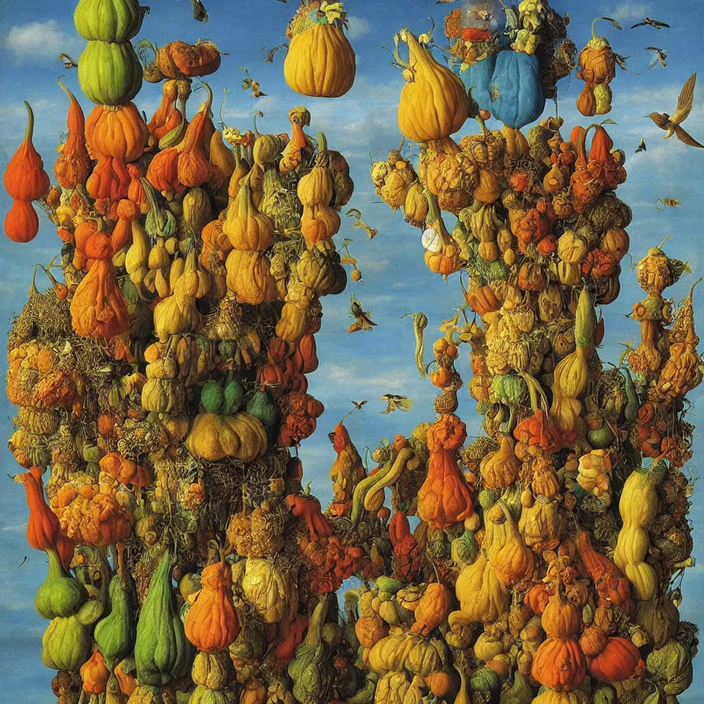 Prompt: a single! colorful! ( pillar ) gourd fungus bird tower clear empty sky, a high contrast!! ultradetailed photorealistic painting by jan van eyck, audubon, rene magritte, agnes pelton, max ernst, walton ford, andreas achenbach, ernst haeckel, hard lighting, masterpiece