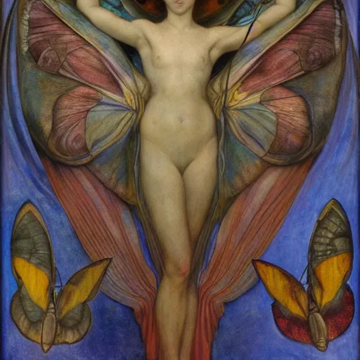 Image similar to moths attending their queen, by Annie Swynnerton and Diego Rivera and Evelyn De Morgan, symbolist, dramatic lighting, elaborate geometric ornament, god rays, soft cool colors,smooth, sharp focus, extremely detailed, Adolf Wölfli