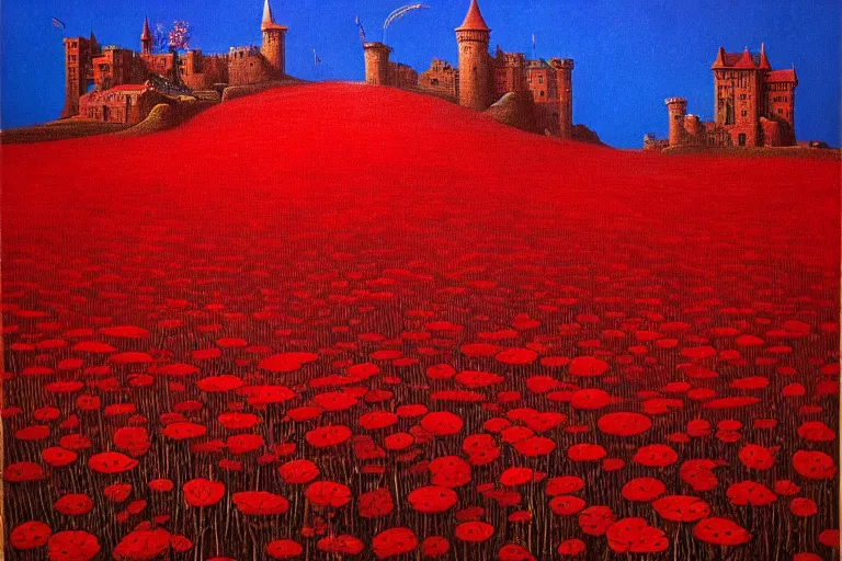 Image similar to only with red, red flowers of different types, a red tiger, a castle in the background, medieval demons dance over the flowers, an ancient path, in the style of beksinski, part by hopper, part by rodcenko, part by hofbauer, intricate composition, red by caravaggio, insanely quality, highly detailed, masterpiece, red light, artstation