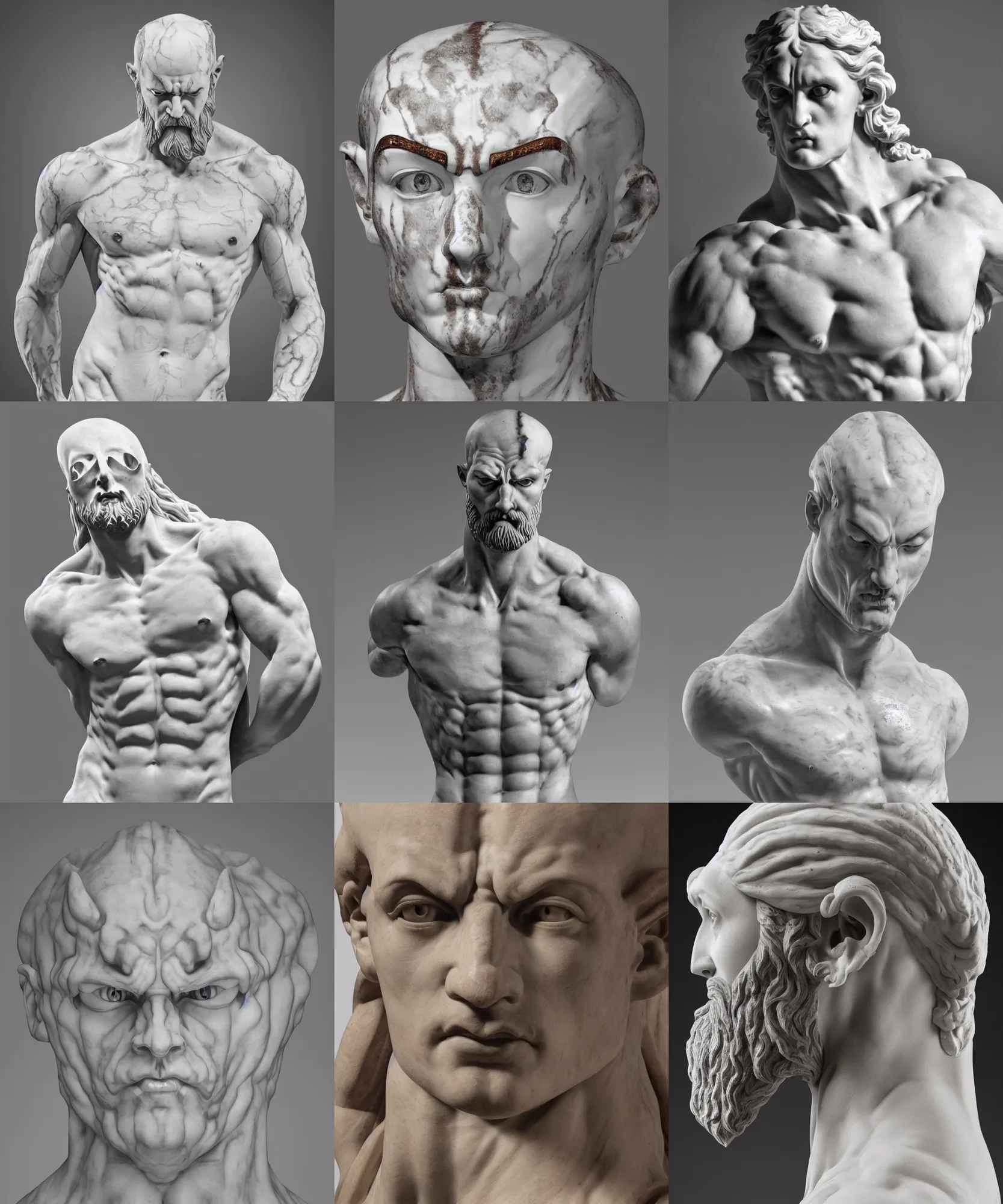 Prompt: rococo style upper torso marble statue of kratos dramatic lighting, symmetrical facial features, symmetrical face, defined facial features