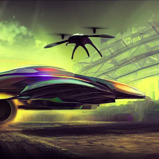 Image similar to solarpunk hovercar, clean energy, green technology, highway, sunny day, atmosphere, futurism, intricate, engines, glow, highly detailed, drone wings, peaceful, utopia, bright, digital painting, artstation, concept art, smooth, sharp focus, epic landscape, art by akihiko yoshida and tim mcburnie and anato finnstark