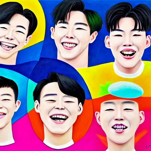 Image similar to handsome korean boys group smile to you - aesthetic, smooth painting, each individual seeds have ultra high detailed, 4 k, illustration, comical, acrylic paint style, pencil style, torn cosmo magazine style, pop art style, ultrarealism, by mike swiderek, jorge lacera, ben lo, tyler west