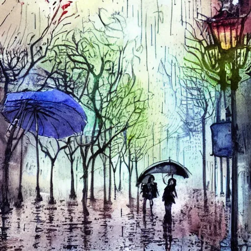 Prompt: pen with watercolor matte art painting of a beautiful green park in the middle of a modern old town city by banksy, carne griffiths and monet. Street photography. rainy day.
