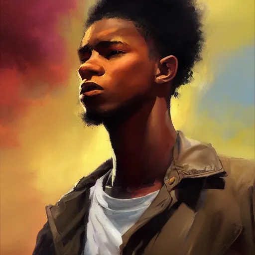 Prompt: Greg Manchess portrait painting of an afropunk male teenager 16 years old character, medium shot, athletic, asymmetrical, profile picture, Organic Painting, rainy and dramatic street light, matte painting, bold shapes, hard edges, street art, trending on artstation, by Huang Guangjian and Gil Elvgren and Sachin Teng