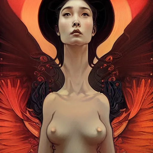 Image similar to A portrait of A beautiful!!!! angel in black flames by Ross Tran!! and alphonse mucha and greg rutkowski! and Zdzisław Beksiński!!,In style of Pixel art.Symmetrical face.dark Fantasy,smooth,hyper detailed,sharp focus,Soft light.4k