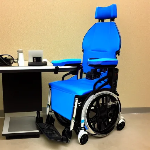 Prompt: a cyberpunk electric wheelchair with a computer stand