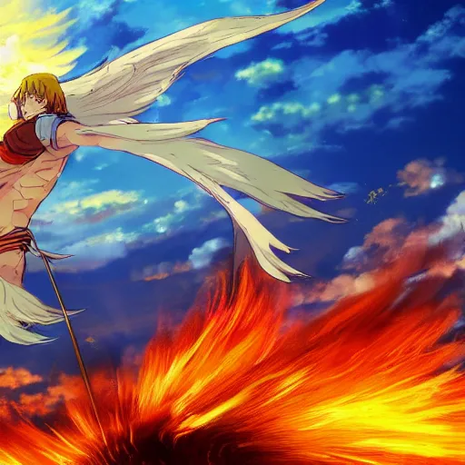 Image similar to a beautiful ultradetailed anime illustration of a man in Biblical clothing flying in the sky on his fiery chariot, desert background chariot on fire, horses on fire by makoto shinkai, anime wallpaper 4k, prismatic