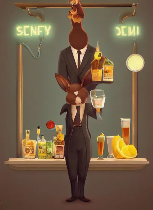 Image similar to squirrel anthro as a dapper bartender with a big, fluffy tail, retro futurism, art deco, detailed, painterly, digital art by WLOP and Cory Loftis, 🐿🍸🍋, furaffinity, trending on artstation