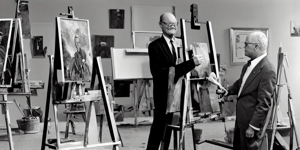 Prompt: david letterman, stands at a his easel, painting calvert grant deforest, aka larry bud melman