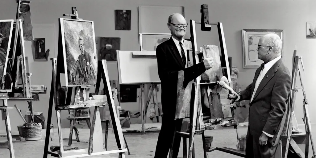 Image similar to david letterman, stands at a his easel, painting calvert grant deforest, aka larry bud melman