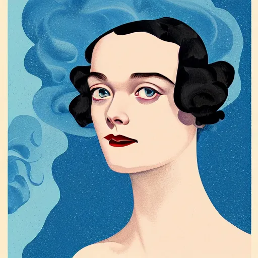 Image similar to professional painting of Elle Fanning in the style of Coles Phillips, head and shoulders portrait, symmetrical facial features, smooth, sharp focus, illustration, intricate, stormy weather, extremely detailed masterpiece,