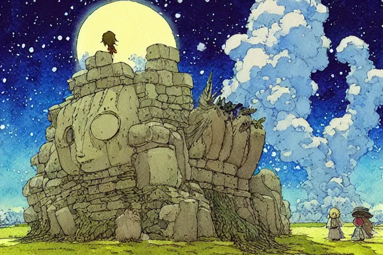 Prompt: hyperrealist studio ghibli watercolor fantasy concept art of a giant from howl's moving castle sitting on stonehenge like a chair. it is a misty starry night. by rebecca guay, michael kaluta, charles vess