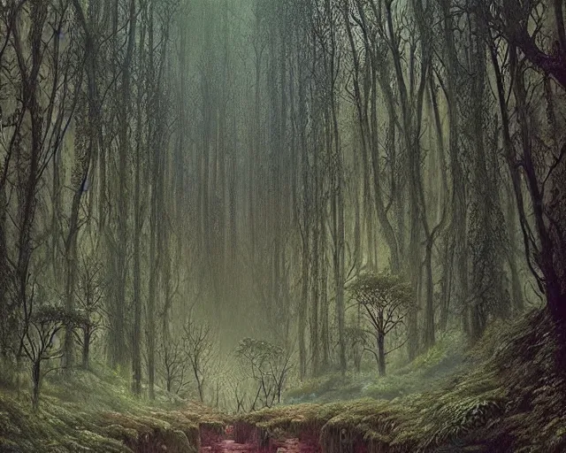 Prompt: An overgrown forest, dense forest, digital art, epic scale, immaculate lighting Beksinski