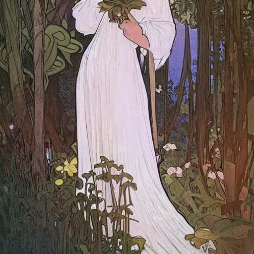 Prompt: elegant woman, white dress, dense jungle, trees, huge flowers, by alphonse mucha