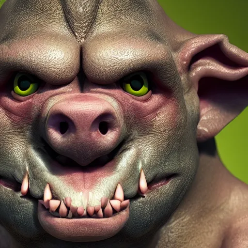 Image similar to An orc-pig smiling into the camera, portrait, artstation, realistic, highly detailed, bokeh, by Alex Flores