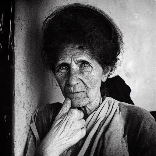 Prompt: portrait photograph of a widow, by Ron Haviv, black and white