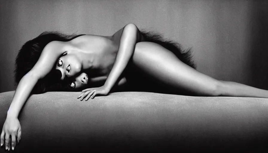 Prompt: award winning photo of Ariana Grande laying on a chesterfield lounge, symmetrical face, beautiful eyes, studio lighting, wide shot art by Sally Mann & Arnold Newman