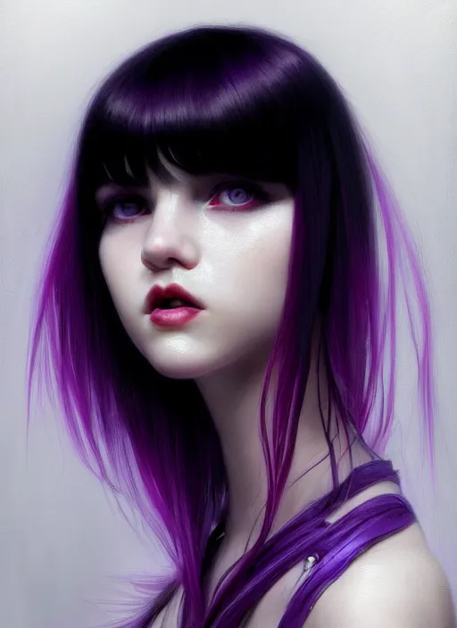 Image similar to portrait of teenage girl, red irises, bangs, black and white hair, white bangs, purple clothes, white bangs, two color hair, black hair and white bangs, intricate, elegant, glowing lights, highly detailed, digital painting, artstation, concept art, smooth, sharp focus, illustration, art by wlop, mars ravelo and greg rutkowski