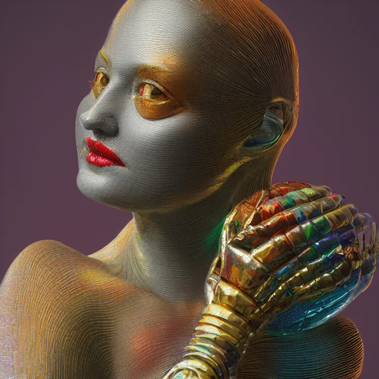 Prompt: octane render portrait by wayne barlow and carlo crivelli and glenn fabry and salvador dali and wes anderson, a beautiful woman hatching out of a perfect colorful patterned iridescent silver egg, cinema 4 d, ray traced lighting, very short depth of field, bokeh