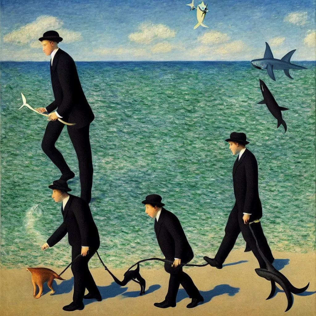 Prompt: achingly beautiful painting of a business man walking his pet shark, by rene magritte, monet, and turner