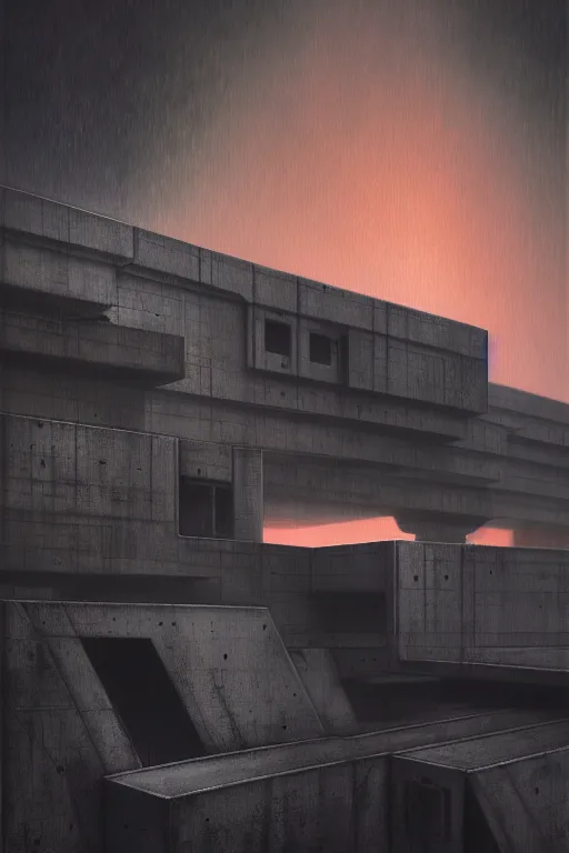 Prompt: sci - fi concrete brutalist architecture, rutkowski, zaha hadid, beksinski, oil painting, photoreal, highly detailed, 8 k, hd, vray, artstation, cinematic matte painting, soft pastl sunset, extreme detail photo quality, dark moody colors, featured on behance