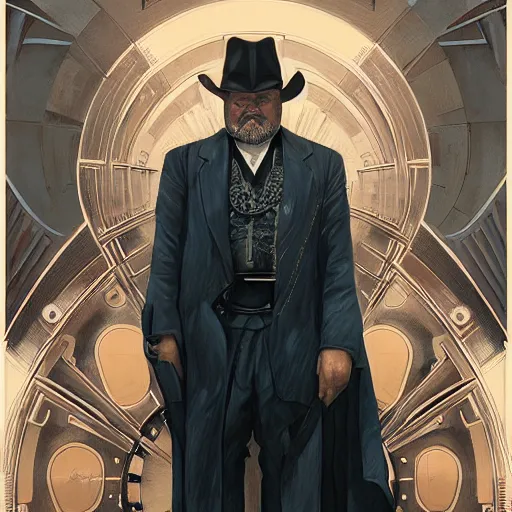 Image similar to orson welles as a cyborg, portrait, western, steampunk, duster, fantasy, intricate, elegant, highly detailed, digital painting, artstation, concept art, sharp focus, illustration, art by artgerm and greg rutkowski and alphonse mucha