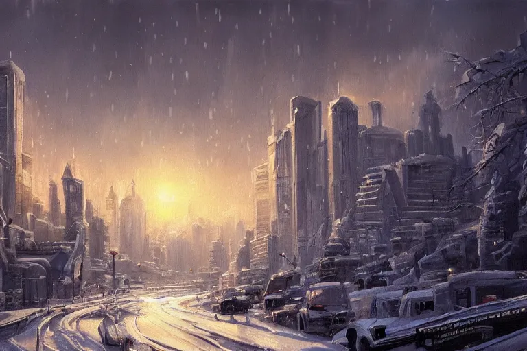 Image similar to a beautiful painting of a city in winter at dawn,jim burns trending on artstation, 4k