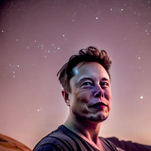 Image similar to Elon Musk on Mars in a hot tub, grungy, unkept hair, glowing eyes, modelsociety, radiant skin, huge anime eyes, RTX on, perfect face, directed gaze, intricate, Sony a7R IV, symmetric balance, polarizing filter, Photolab, Lightroom, 4K, Dolby Vision, Photography Award