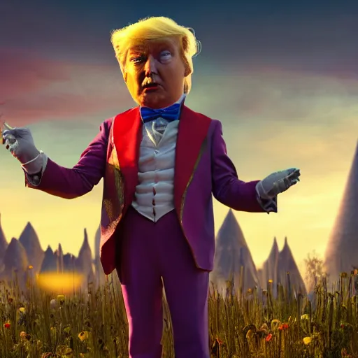 Image similar to portrait of donald trump as willy wonka in morrowind, fantasy, warcraft, warhammer, splash art, movie still, cinematic lighting, dramatic, octane render, long lens, shallow depth of field, bokeh, anamorphic lens flare, 8 k, hyper detailed, 3 5 mm film grain