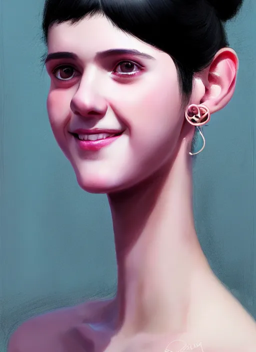 Image similar to portrait of teenage girl, realistic, black hair, bangs, half updo hairstyle, pointy nose, skinny, smile, ugly, defined jawline, big chin, pink hair bow, earrings, intricate, elegant, glowing lights, highly detailed, digital painting, artstation, sharp focus, illustration, art by wlop, mars ravelo and greg rutkowski