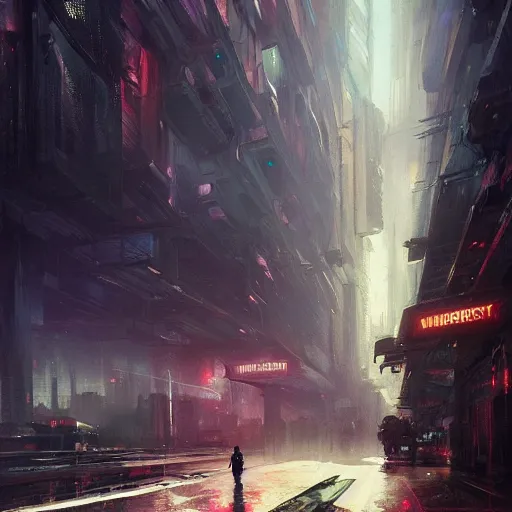 Image similar to a wanderer in a cyberpunk city, megastructure in the background, night, dramatic lighting, chiaroscuro, high detail, painted by greg rutkowski, painted by igor kieryluk, painted by raymond swanland, painted by jeremy mann, trending on artstation