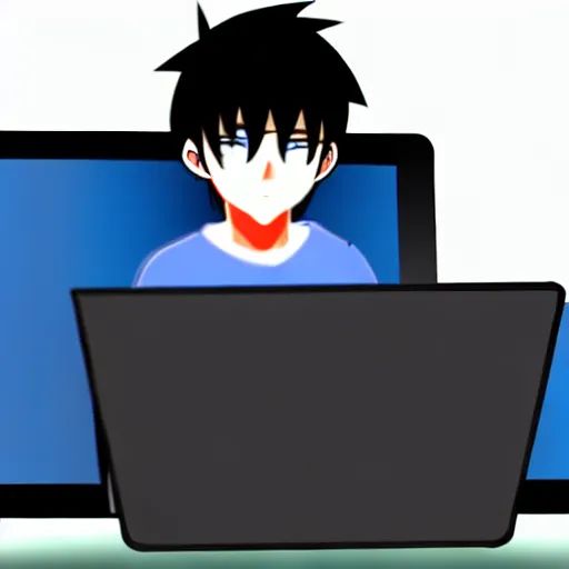 Prompt: a smart teenager boy with a black hoodie sitting behind his laptop and programming, anime art style