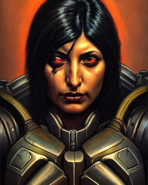 Image similar to pharah from overwatch, character portrait, portrait, close up, concept art, intricate details, highly detailed, horror poster, horror, vintage horror art, realistic, terrifying, in the style of michael whelan, beksinski, and gustave dore