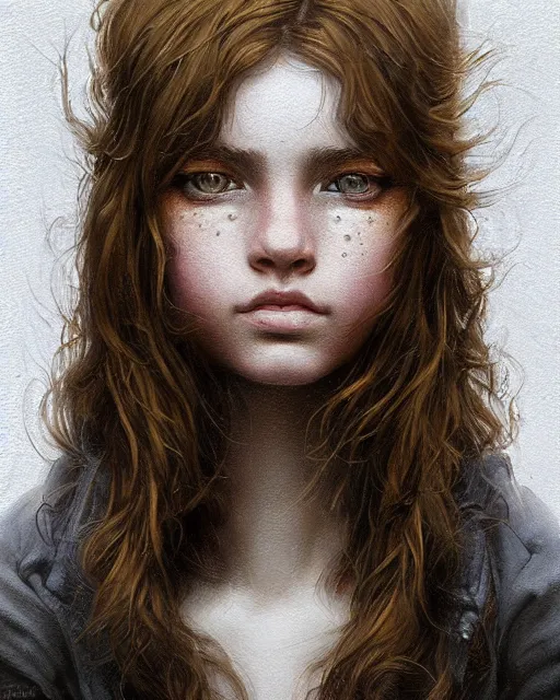 Image similar to symmetry!! portrait of 1 5 - year - old girl with voluminous bushy brown hair, large front teeth, and bright piercing brown eyes, hyper realistic face, beautiful eyes, fantasy art, in the style of greg rutkowski, intricate, hyper detailed, smooth