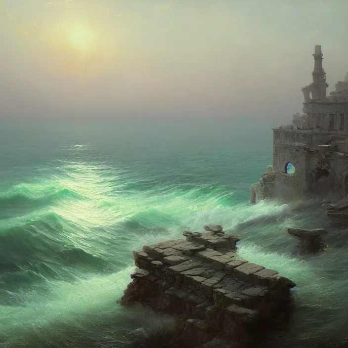 Image similar to a beautiful painting of ruins on the sea by ivan aivazovsky and zdzisław beksinski and rene magritte and greg rutkowski and james gurney, in style of digital art. hyper detailed, sharp focus, soft light. octane render. ray tracing. trending on artstation