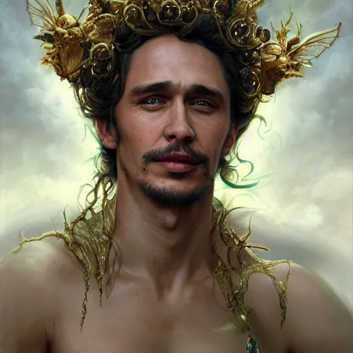 Prompt: closeup portrait shot of james franco as king oberon, fairy wings, lord of beasts, highly detailed, digital painting, artstation, concept art, soft focus, depth of field, artgerm, tomasz alen kopera, peter mohrbacher, donato giancola, wlop, boris vallejo