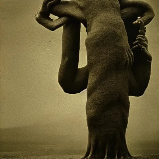 Image similar to vintage photography of faceless beast-god with many long arms, a huge body covered with deep furs by Zdzisław Beksiński, odd eye, dark fantasy, detaling, abomination, blur